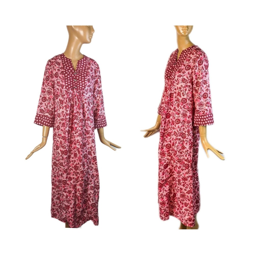 Vintage 1970s Danville Pink Red Floral Block Print Kaftan Maxi Dress